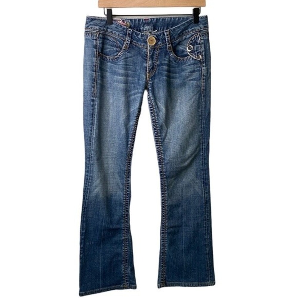 Blue Tattoo Low Rise Bootcut Distressed Jeans Big Stitch Embroidered Rose Logo